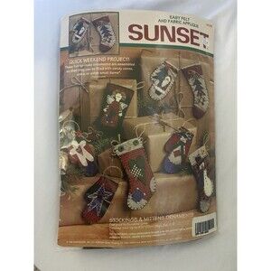 Sunset Stockings and Mittens Xmas Ornaments Felt & Fabric Appliqué  Kit HTF NEW